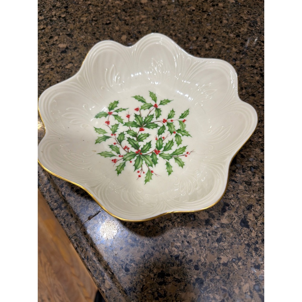 Lenox Holiday Holly Scalloped Candy Bowl Ivory China Gold Trim Made in USA